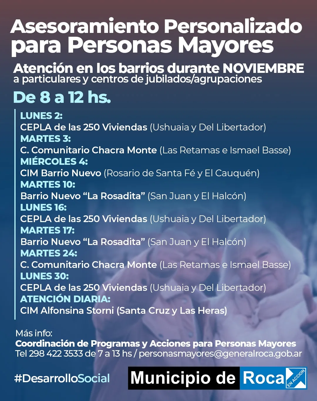 Atención para personas mayores en barrios durante noviembre