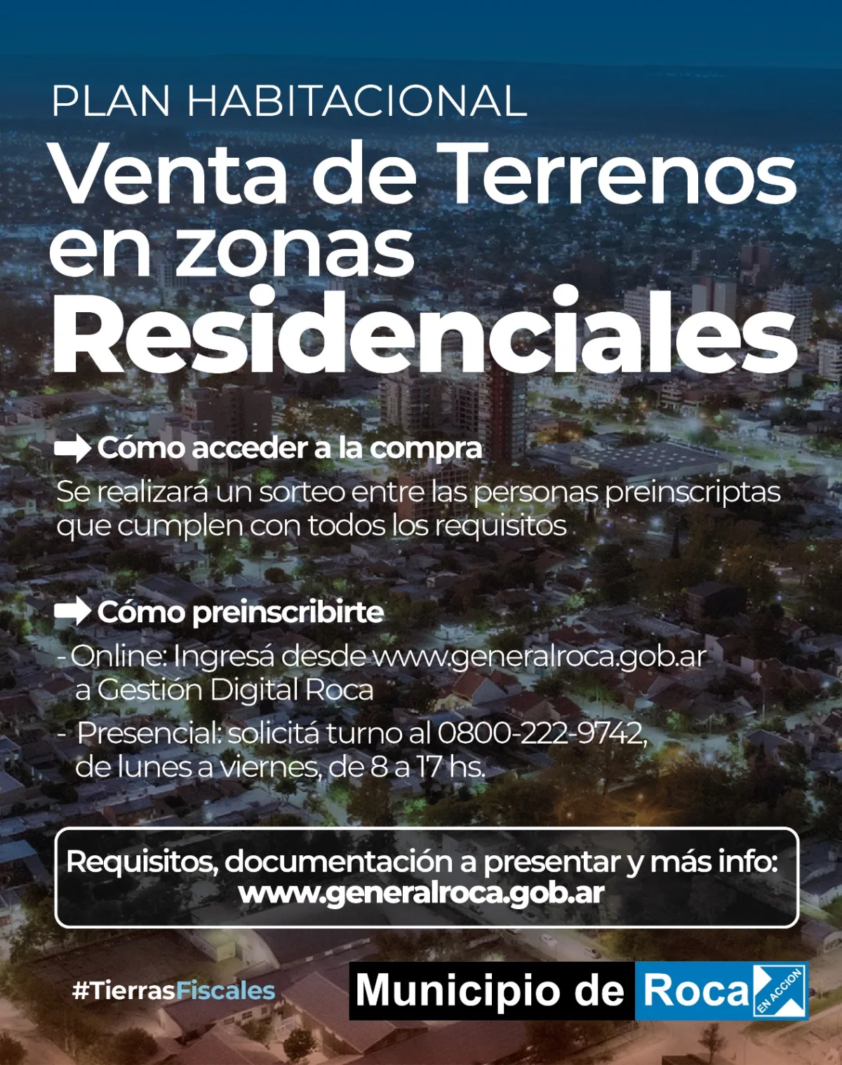Sorteo de terrenos para viviendas en Roca: inscripciones abiertas
