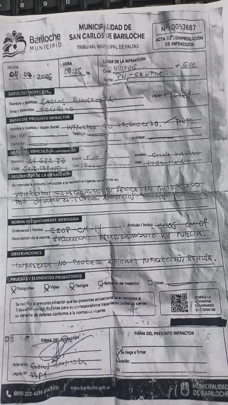 Alerta por acta de infracción falsa en San Carlos de Bariloche