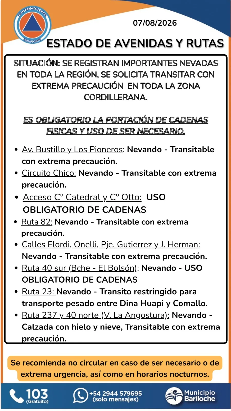 Cadenas obligatorias en rutas por nevadas en Bariloche