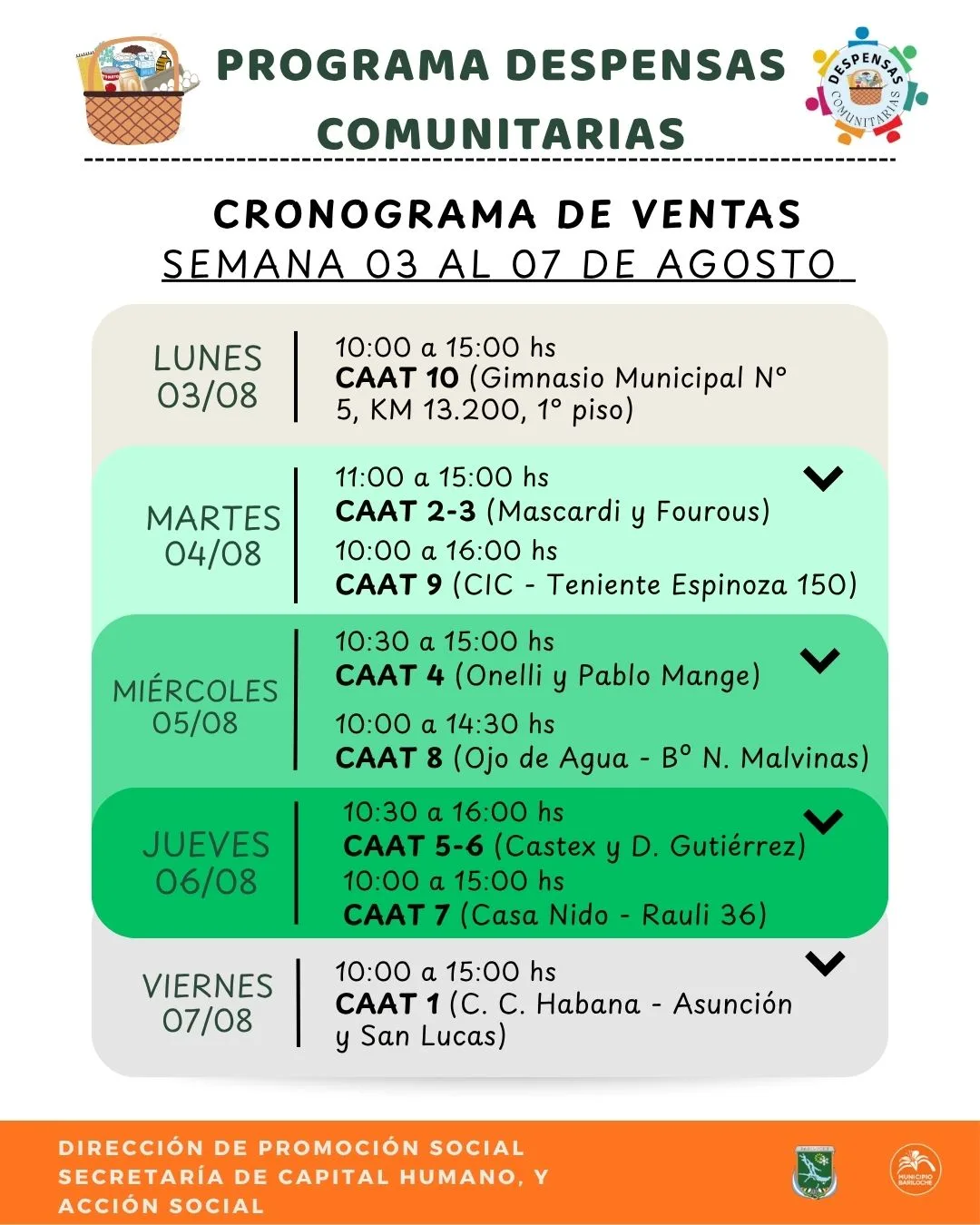 Cronograma de ventas de despensas comunitarias en Bariloche