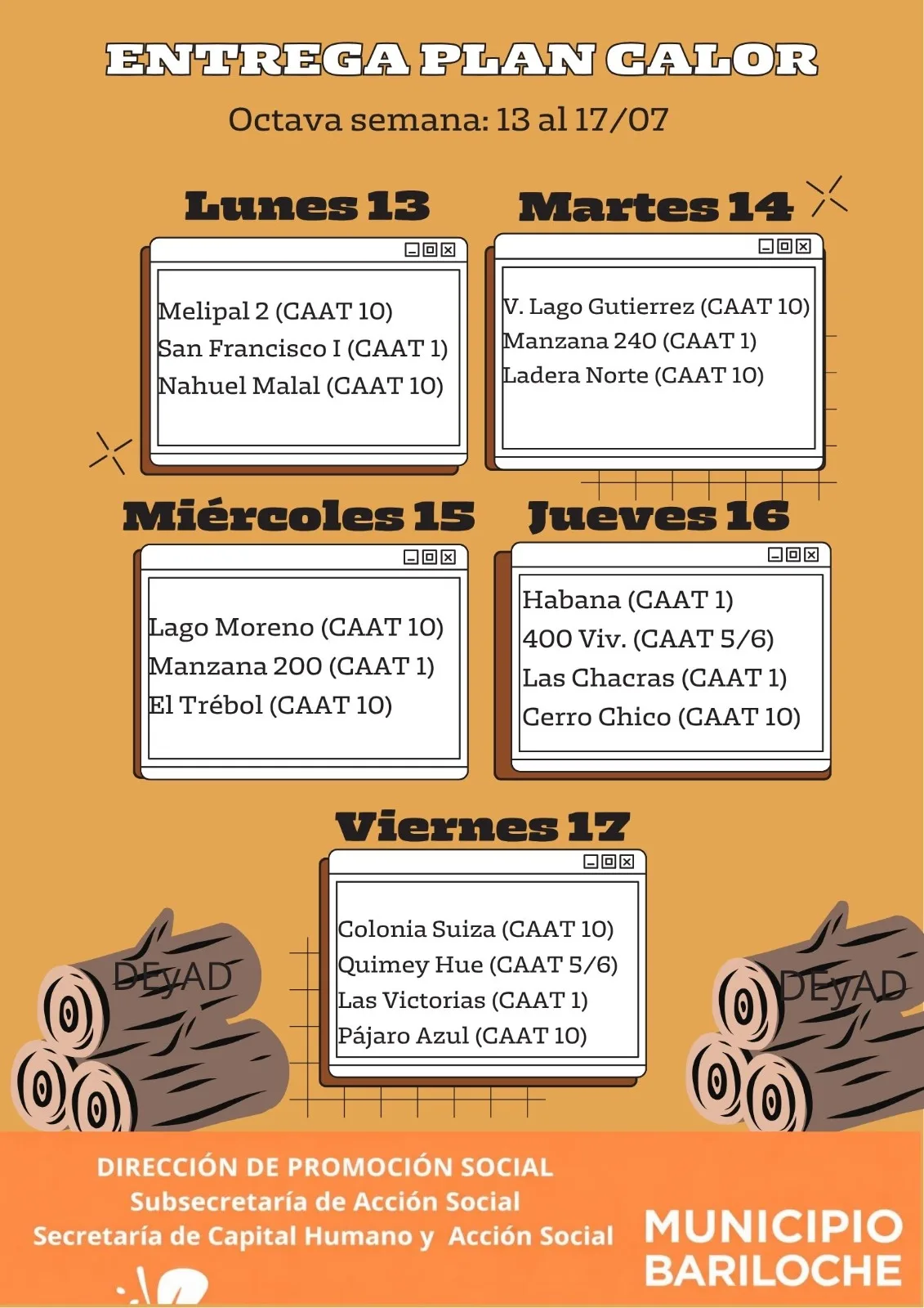 Entrega de leña programada del 13 al 17 de julio en Bariloche