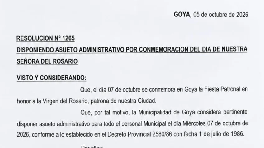 Asueto administrativo en Goya por las Fiestas Patronales