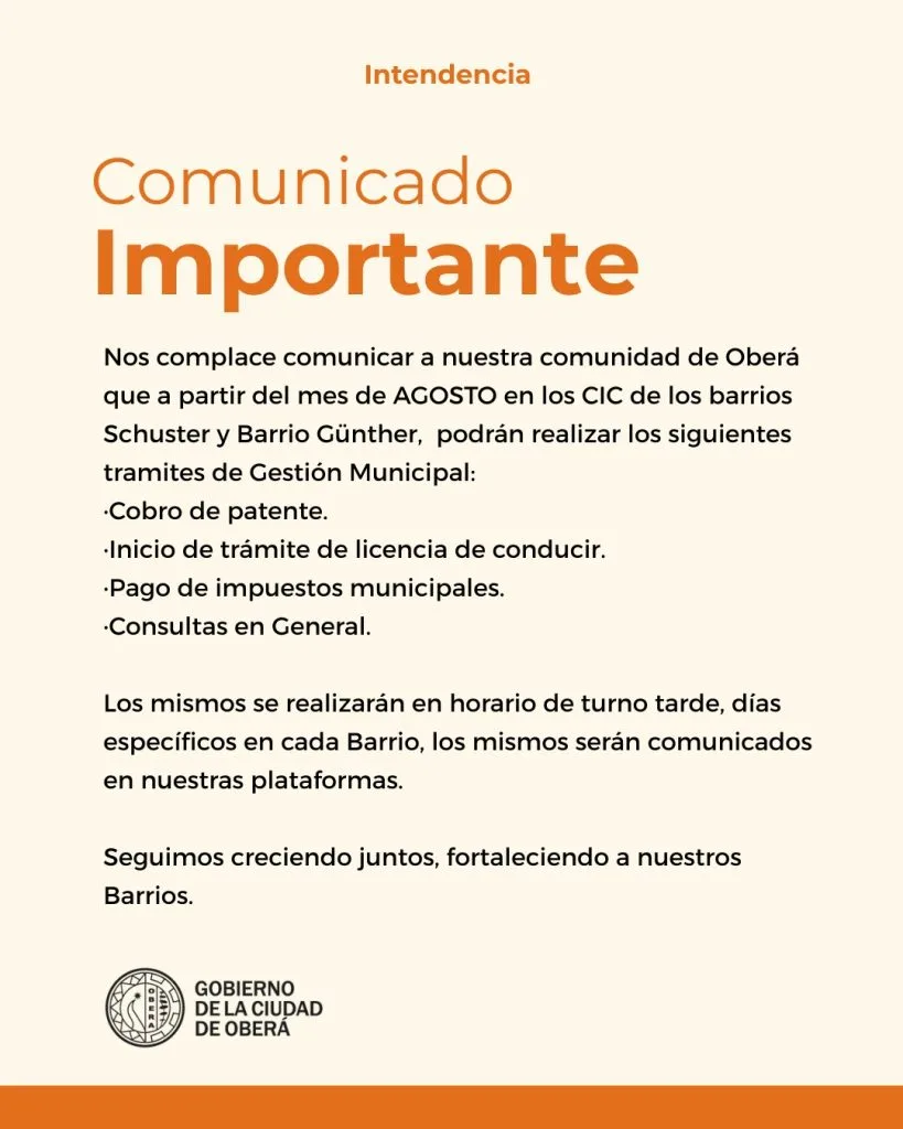 Nuevos servicios municipales en los CIC de Oberá desde agosto