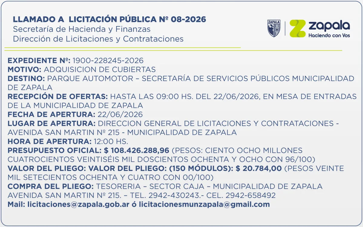Zapala abre licitación para compra de neumáticos para su flota