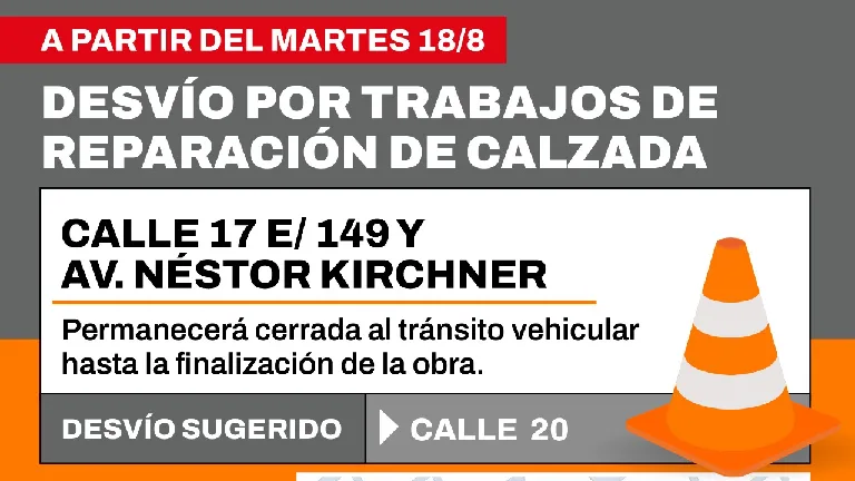 Corte de tránsito en calle 17 por reparaciones desde el 18 de agosto