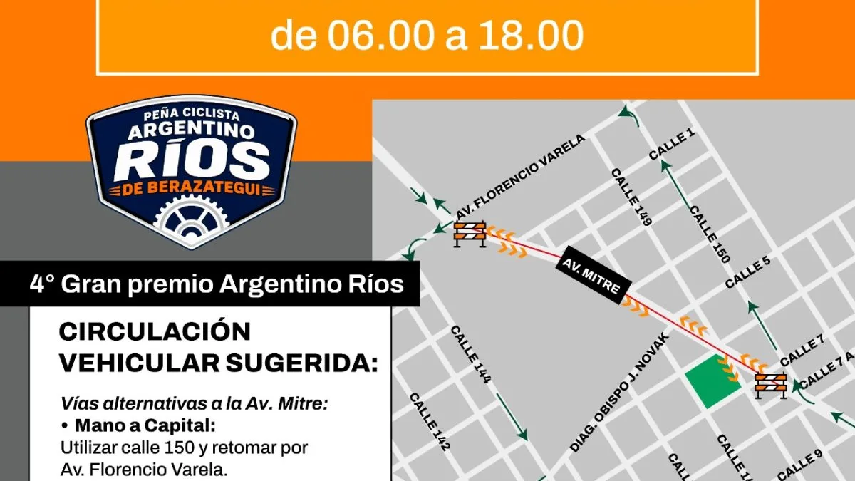 Desvíos de tránsito en Berazategui por el Gran Premio de Ciclismo
