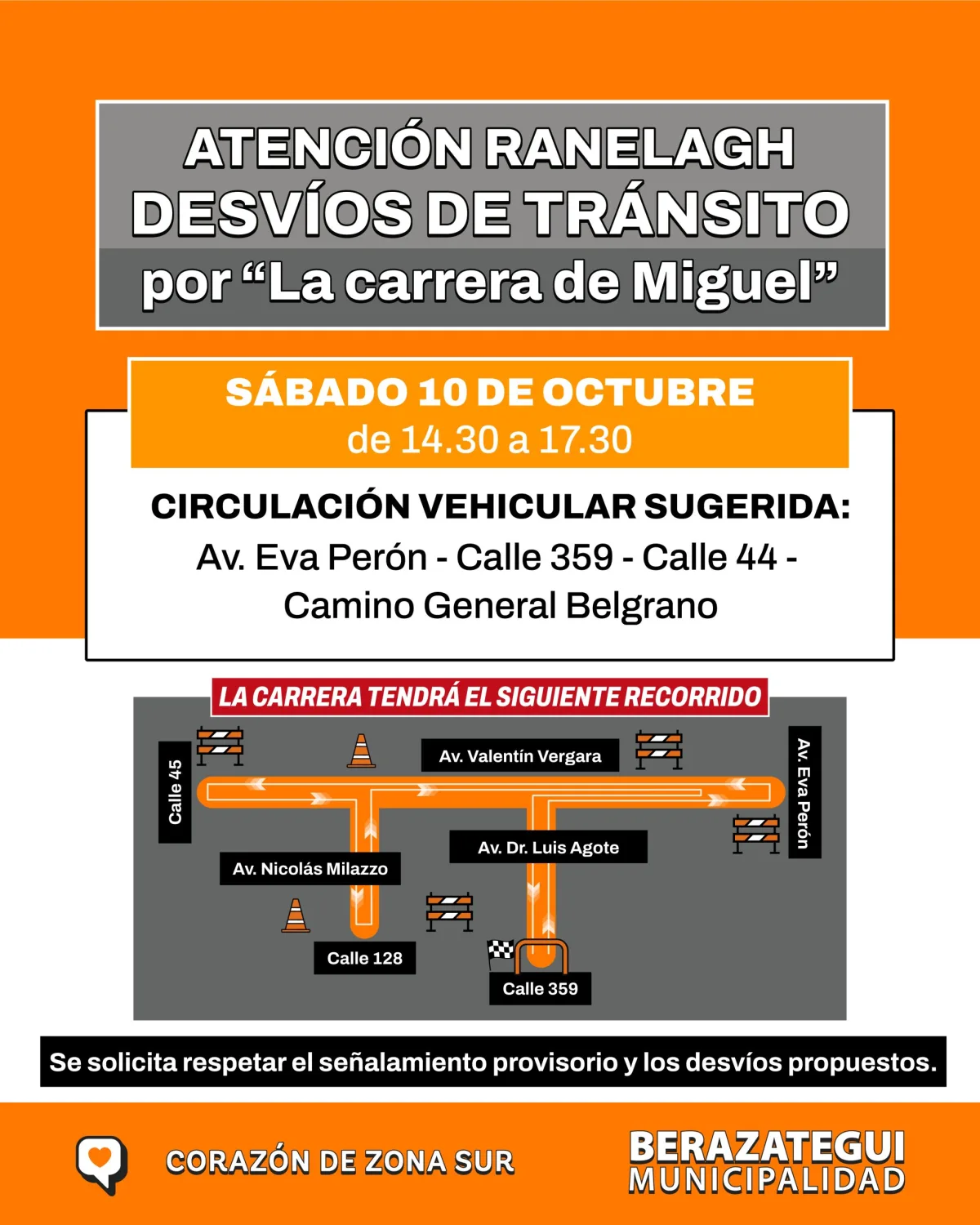 Desvíos de tránsito en Ranelagh por la Carrera de Miguel