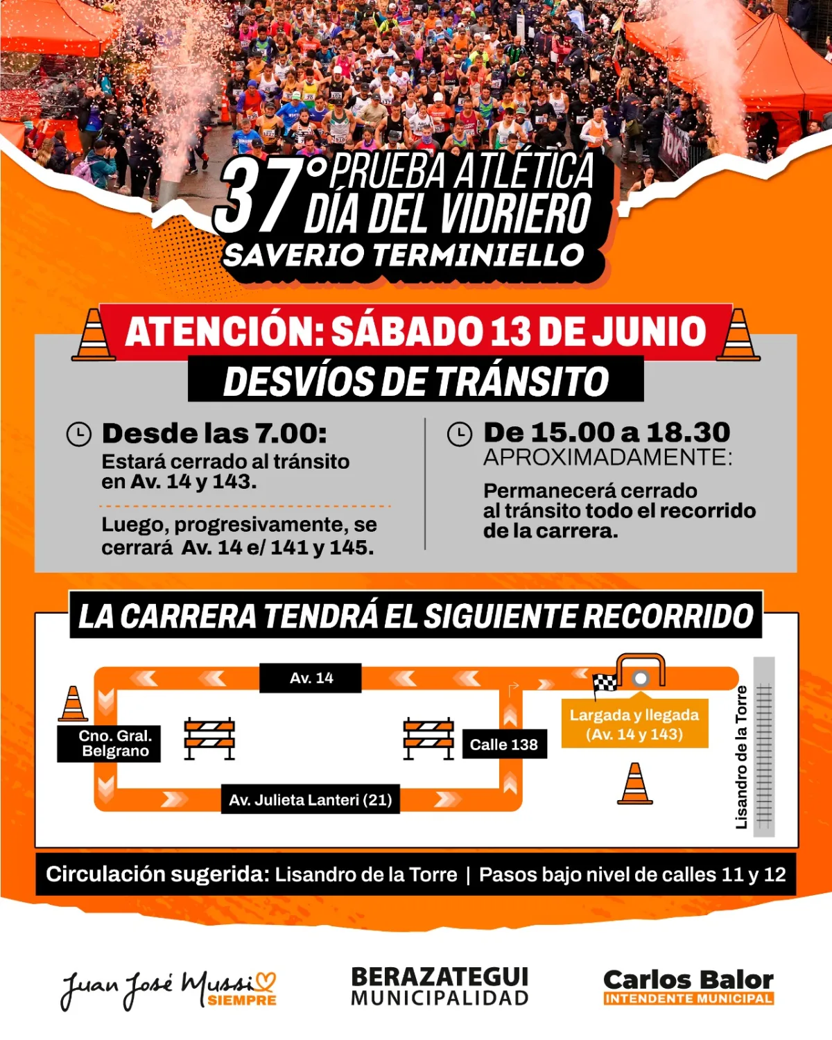 Desvíos de tránsito por la Prueba Atlética Día del Vidriero