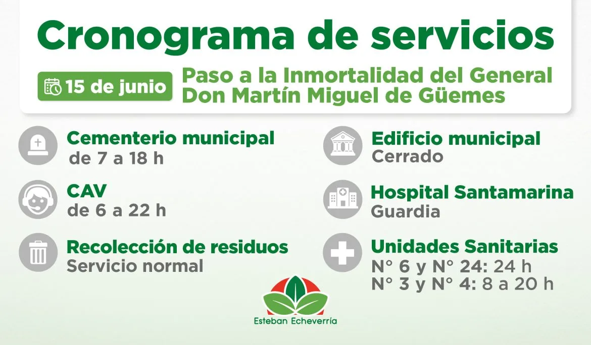 Servicios públicos en Esteban Echeverría para el feriado del 15 de junio