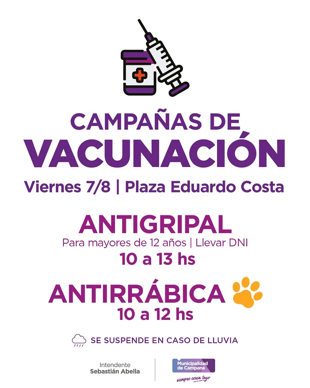 Vacunación gratuita en Plaza Eduardo Costa este viernes