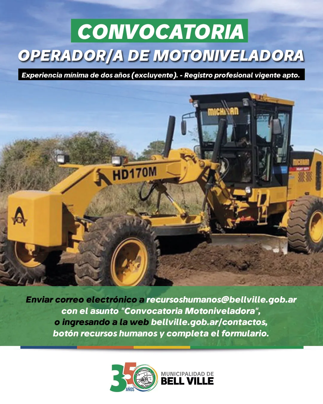 Buscan operador de motoniveladora en Bell Ville hasta el 31 de julio