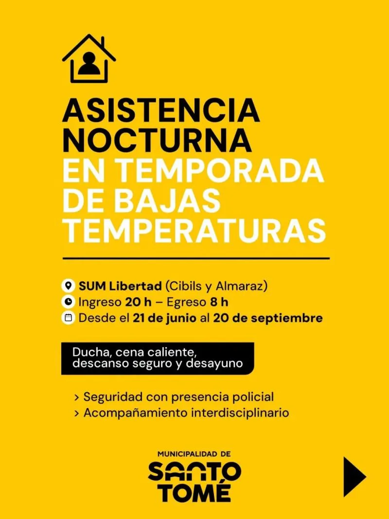 Asistencia nocturna para personas en situación de calle en Santo Tomé